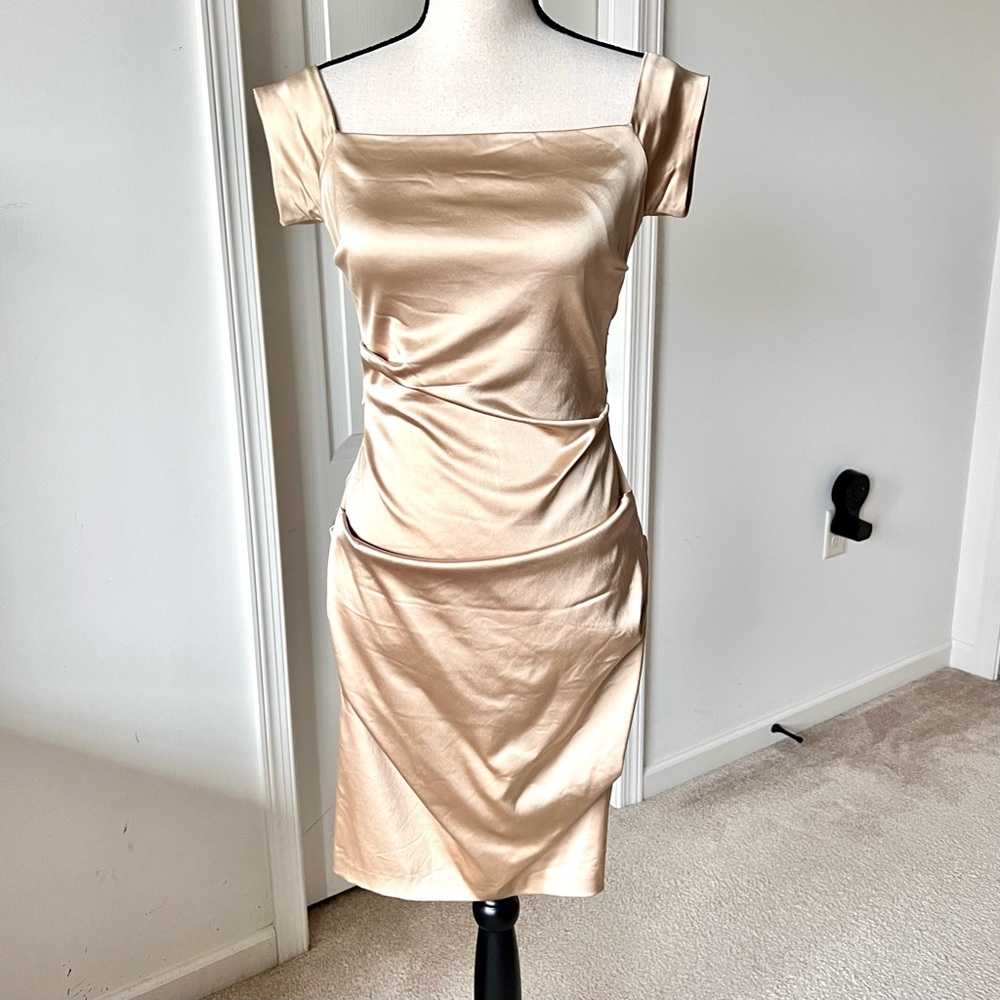 BETSEY & ADAM Satin Off The Shoulder Ruched Sheath Dress—SZ. 6